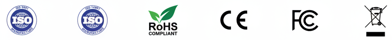 ISO 9001, ISO 14001, RoHS, CE, FCC and WEEE certification marks